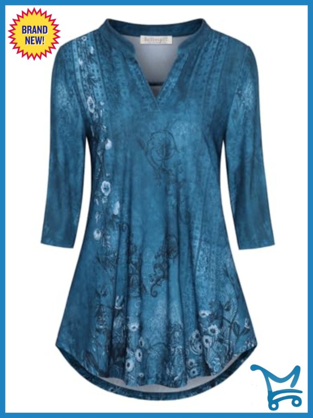 Women's 3/4 Sleeve V Neck Tunic Top Floral Work Blouse Loose Fit